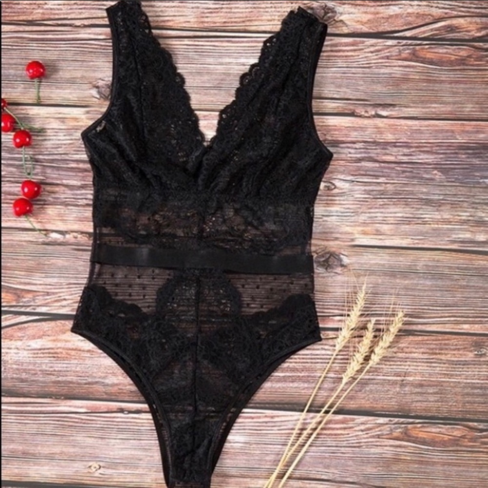 Black Sheer Lace Polka Dot Sexy Bodysuit